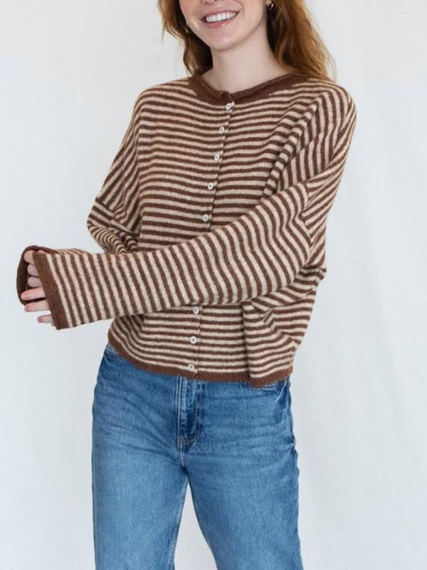 Women's Striped Casual Long Sleeve Loose Knit Sweater, Lightweight Fall & Winter Fashion, Button Front Open Front Design(BUY 2 FREE SHIPPING)