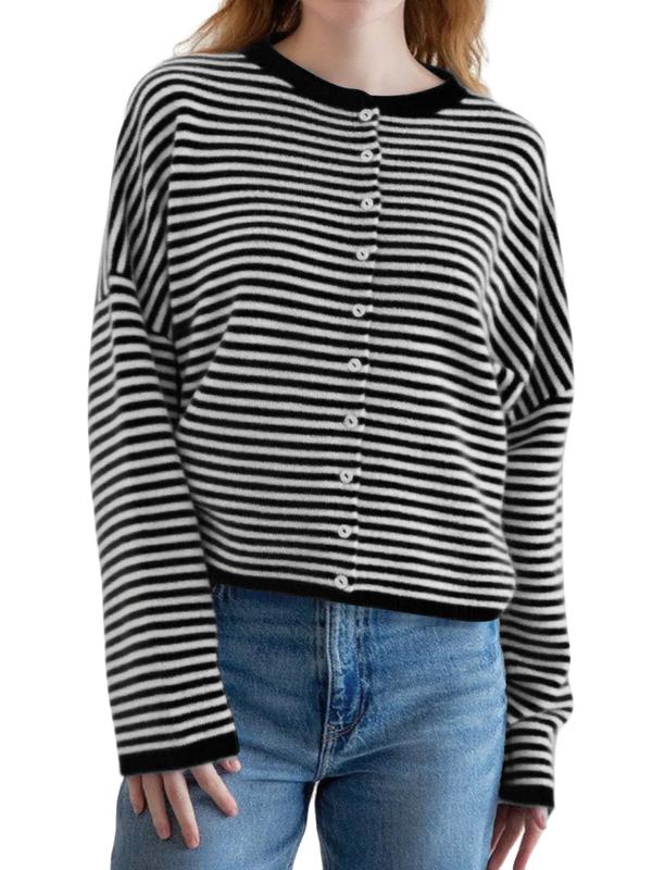 Women's Striped Casual Long Sleeve Loose Knit Sweater, Lightweight Fall & Winter Fashion, Button Front Open Front Design(BUY 2 FREE SHIPPING)