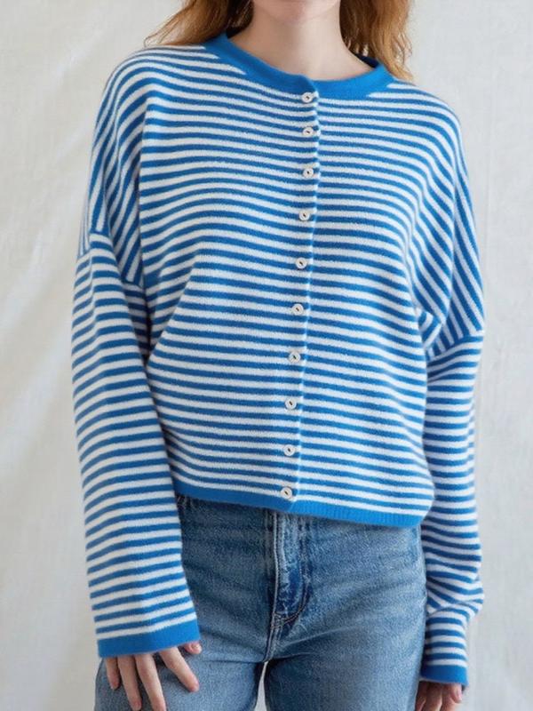 Women's Striped Casual Long Sleeve Loose Knit Sweater, Lightweight Fall & Winter Fashion, Button Front Open Front Design(BUY 2 FREE SHIPPING)