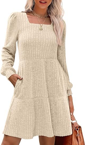 Womens Square Neck Long Sleeve Fall Dresses Casual Babydoll Sweater Dress（BUY 2 FREE SHIPPING)