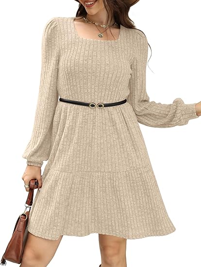 Womens Square Neck Long Sleeve Fall Dresses Casual Babydoll Sweater Dress（BUY 2 FREE SHIPPING)