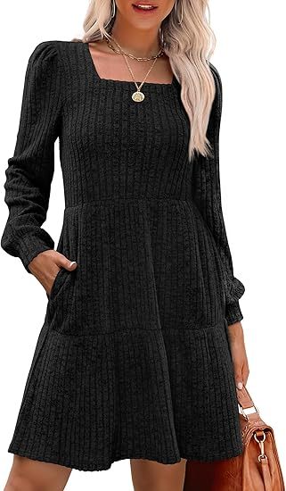 Womens Square Neck Long Sleeve Fall Dresses Casual Babydoll Sweater Dress（BUY 2 FREE SHIPPING)