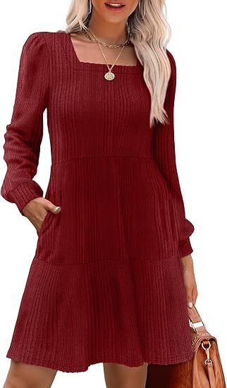 Womens Square Neck Long Sleeve Fall Dresses Casual Babydoll Sweater Dress（BUY 2 FREE SHIPPING)