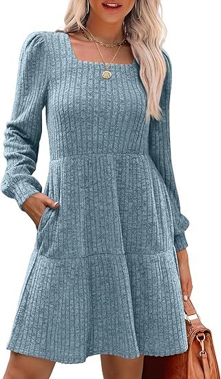 Womens Square Neck Long Sleeve Fall Dresses Casual Babydoll Sweater Dress（BUY 2 FREE SHIPPING)