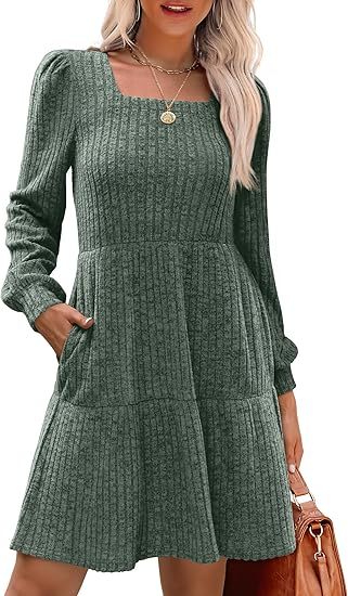 Womens Square Neck Long Sleeve Fall Dresses Casual Babydoll Sweater Dress（BUY 2 FREE SHIPPING)