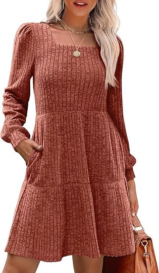 Womens Square Neck Long Sleeve Fall Dresses Casual Babydoll Sweater Dress（BUY 2 FREE SHIPPING)