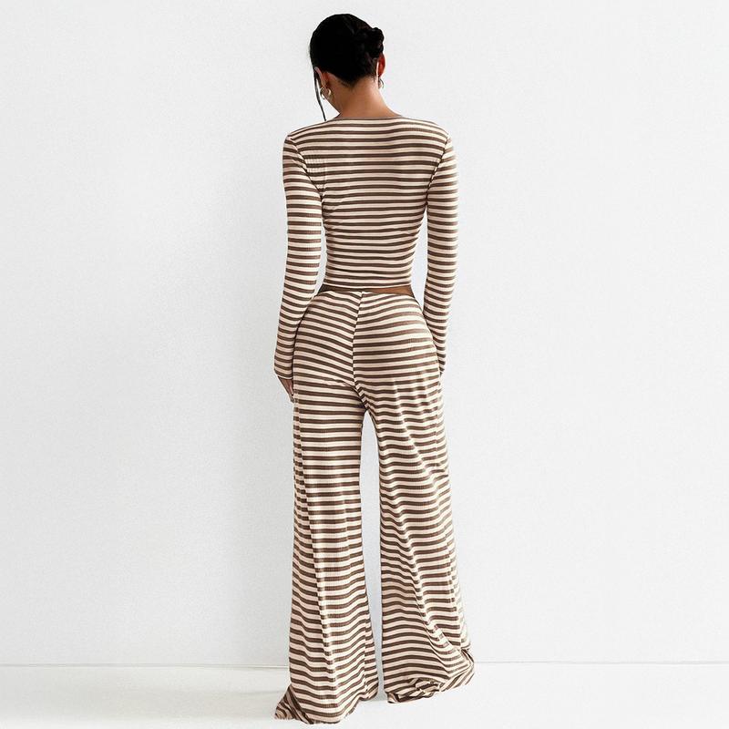 Women's Slouchy Square Neck Stripe Long Sleeve Crop Top & Low-Rise Wide Leg Trousers Co-ord, Minimalist Two Piece Outfits