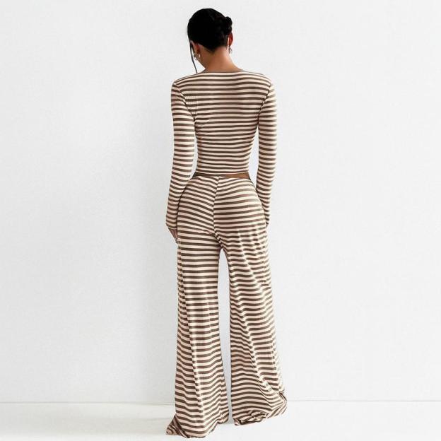 Women's Slouchy Square Neck Stripe Long Sleeve Crop Top & Low-Rise Wide Leg Trousers Co-ord, Minimalist Two Piece Outfits