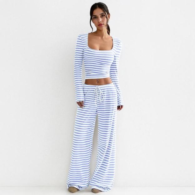 Women's Slouchy Square Neck Stripe Long Sleeve Crop Top & Low-Rise Wide Leg Trousers Co-ord, Minimalist Two Piece Outfits