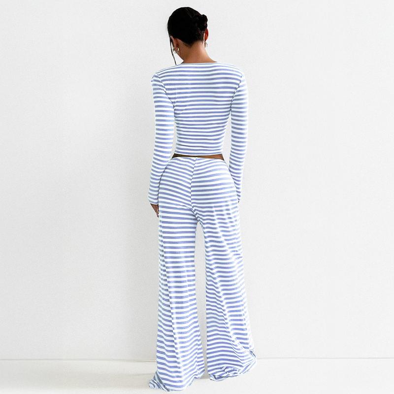 Women's Slouchy Square Neck Stripe Long Sleeve Crop Top & Low-Rise Wide Leg Trousers Co-ord, Minimalist Two Piece Outfits