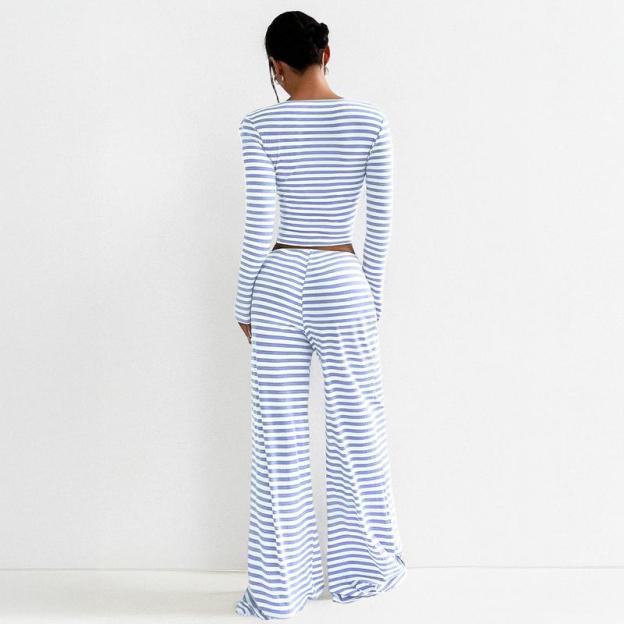 Women's Slouchy Square Neck Stripe Long Sleeve Crop Top & Low-Rise Wide Leg Trousers Co-ord, Minimalist Two Piece Outfits