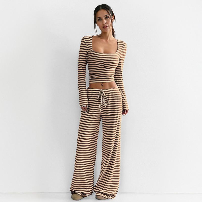 Women's Slouchy Square Neck Stripe Long Sleeve Crop Top & Low-Rise Wide Leg Trousers Co-ord, Minimalist Two Piece Outfits