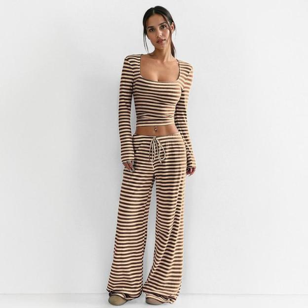 Women's Slouchy Square Neck Stripe Long Sleeve Crop Top & Low-Rise Wide Leg Trousers Co-ord, Minimalist Two Piece Outfits