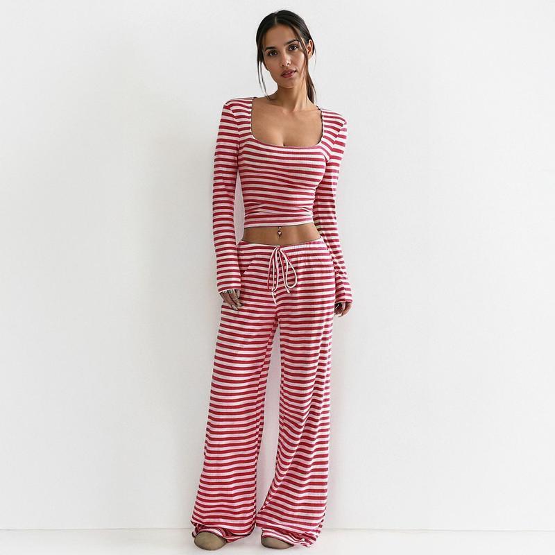 Women's Slouchy Square Neck Stripe Long Sleeve Crop Top & Low-Rise Wide Leg Trousers Co-ord, Minimalist Two Piece Outfits