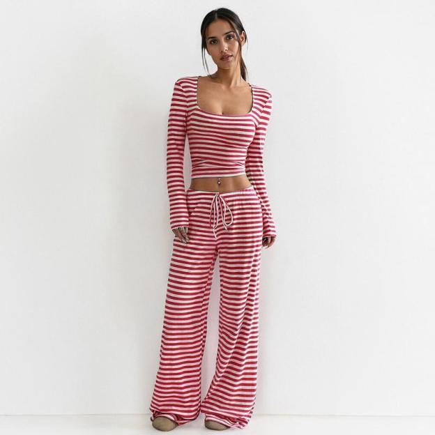 Women's Slouchy Square Neck Stripe Long Sleeve Crop Top & Low-Rise Wide Leg Trousers Co-ord, Minimalist Two Piece Outfits
