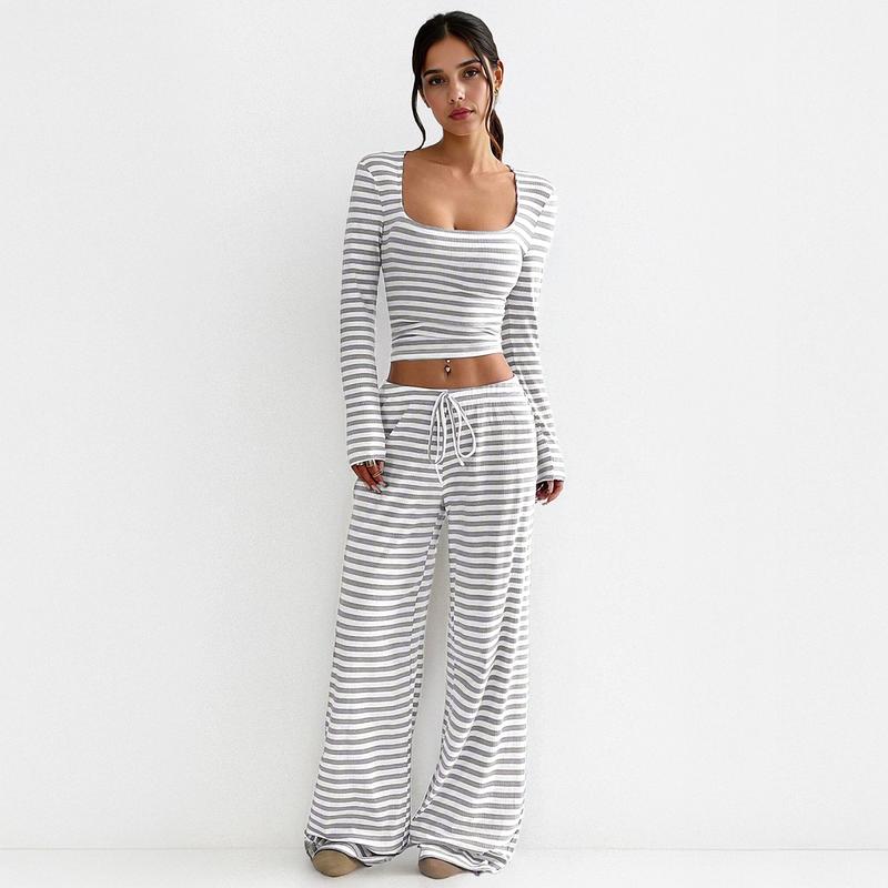 Women's Slouchy Square Neck Stripe Long Sleeve Crop Top & Low-Rise Wide Leg Trousers Co-ord, Minimalist Two Piece Outfits