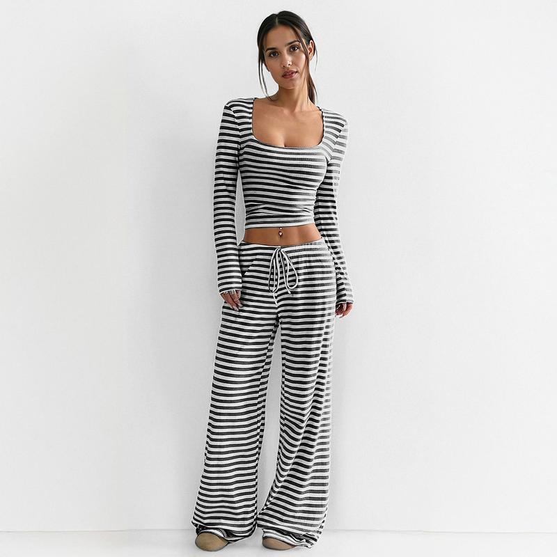Women's Slouchy Square Neck Stripe Long Sleeve Crop Top & Low-Rise Wide Leg Trousers Co-ord, Minimalist Two Piece Outfits