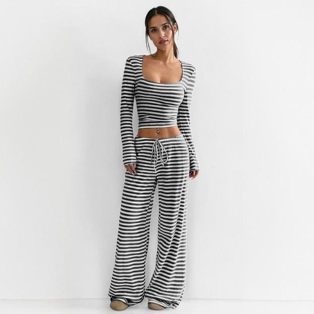 Women's Slouchy Square Neck Stripe Long Sleeve Crop Top & Low-Rise Wide Leg Trousers Co-ord, Minimalist Two Piece Outfits