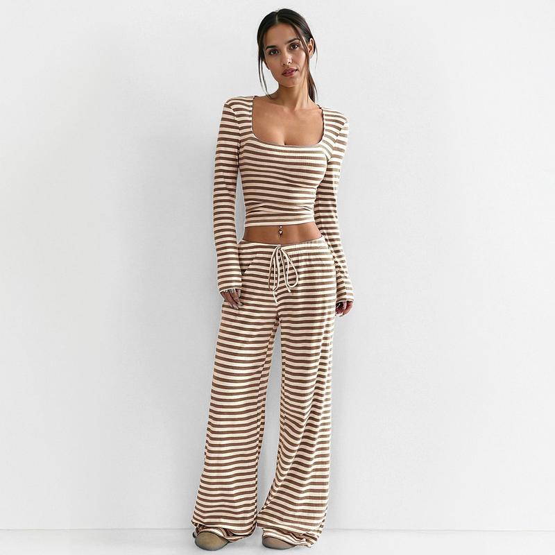 Women's Slouchy Square Neck Stripe Long Sleeve Crop Top & Low-Rise Wide Leg Trousers Co-ord, Minimalist Two Piece Outfits