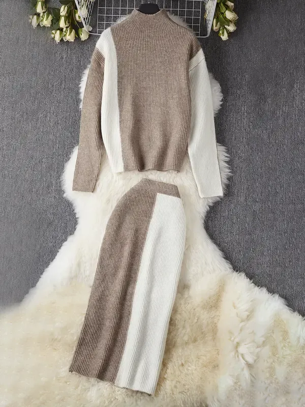 Women's Sweater Set, Mock Neck Long Sleeve Colorblock Knit Top & Skirt, Casual Fitted Two-Piece for Fall Winter