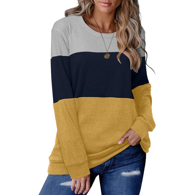 Women’s Long Sleeve T Shirt Color Block Pullover Crew Neck Loose Comfy Casual Tops