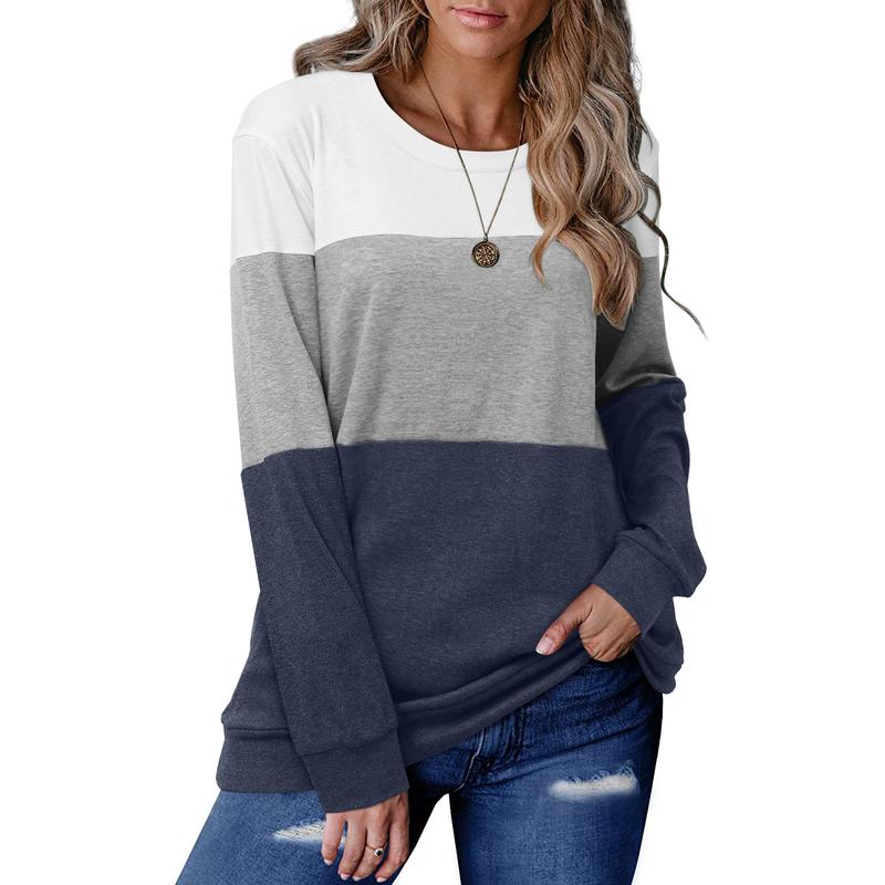 Women’s Long Sleeve T Shirt Color Block Pullover Crew Neck Loose Comfy Casual Tops