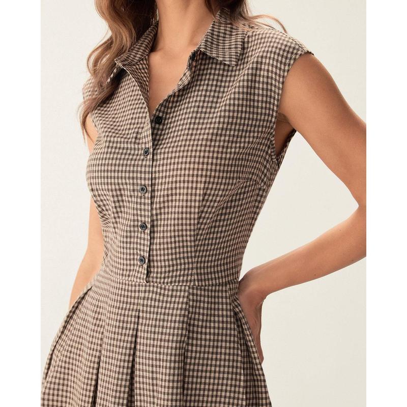 Brown Plaid Button Pleated Midi Dress