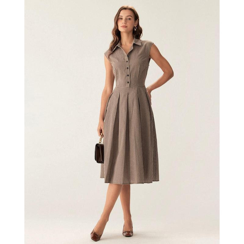 Brown Plaid Button Pleated Midi Dress