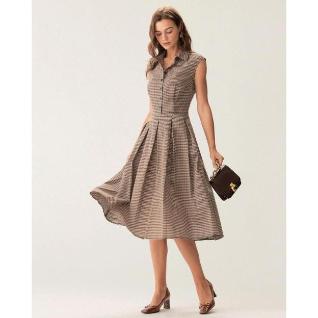 Brown Plaid Button Pleated Midi Dress