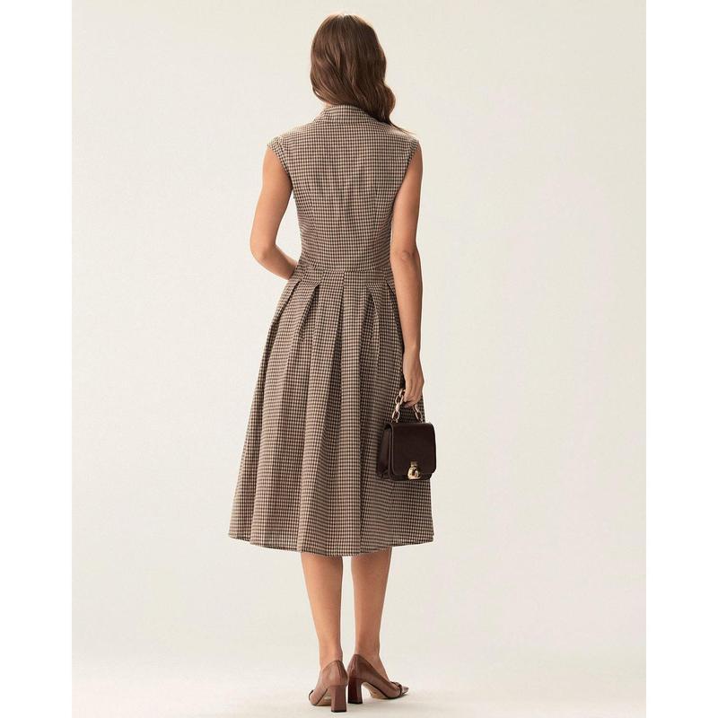 Brown Plaid Button Pleated Midi Dress