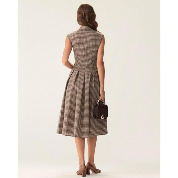 Brown Plaid Button Pleated Midi Dress