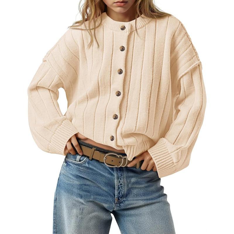 Womens Open Front Cardigan Sweaters Button Down Knit Long Sleeve Crewneck Casual Loose Fall Outerwear