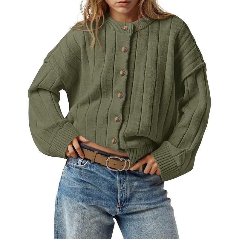 Womens Open Front Cardigan Sweaters Button Down Knit Long Sleeve Crewneck Casual Loose Fall Outerwear