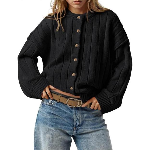 Womens Open Front Cardigan Sweaters Button Down Knit Long Sleeve Crewneck Casual Loose Fall Outerwear