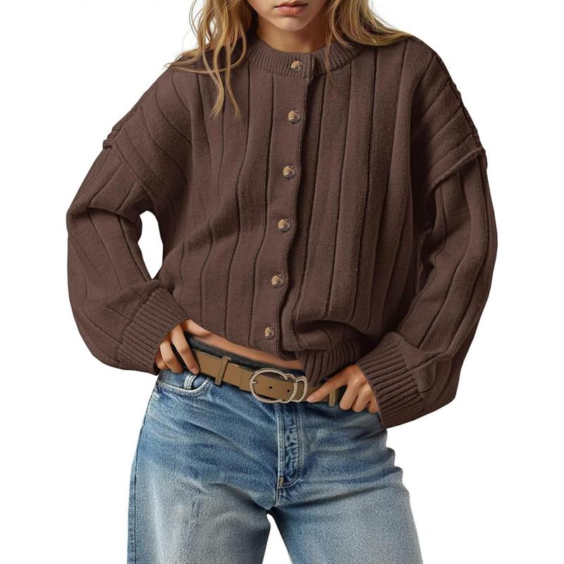 Womens Open Front Cardigan Sweaters Button Down Knit Long Sleeve Crewneck Casual Loose Fall Outerwear