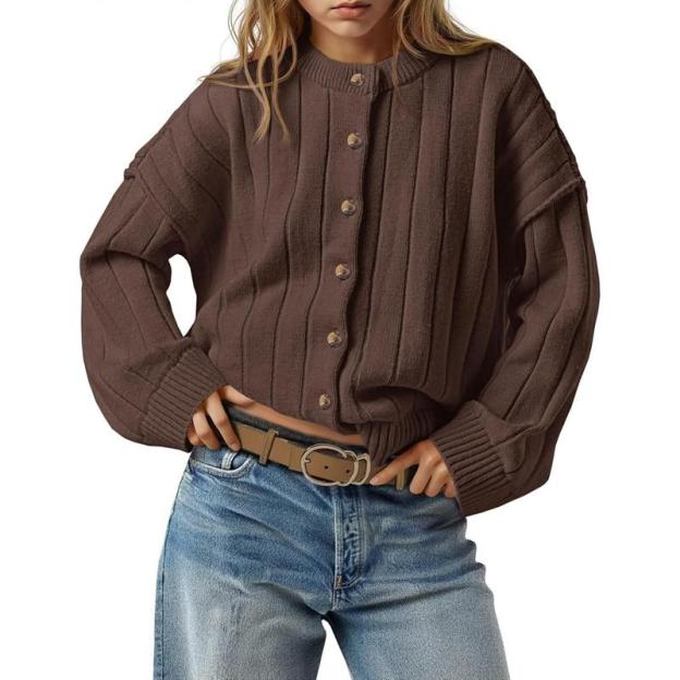 Womens Open Front Cardigan Sweaters Button Down Knit Long Sleeve Crewneck Casual Loose Fall Outerwear