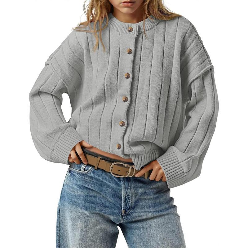 Womens Open Front Cardigan Sweaters Button Down Knit Long Sleeve Crewneck Casual Loose Fall Outerwear