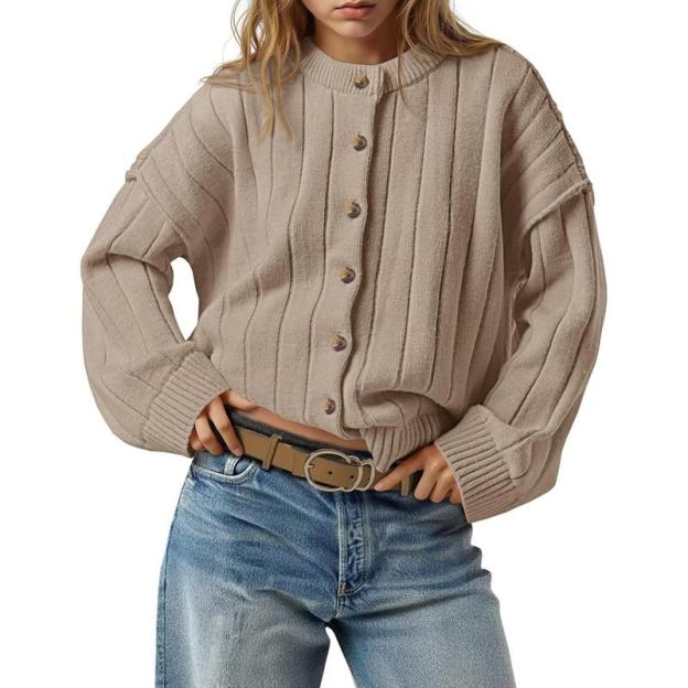 Womens Open Front Cardigan Sweaters Button Down Knit Long Sleeve Crewneck Casual Loose Fall Outerwear