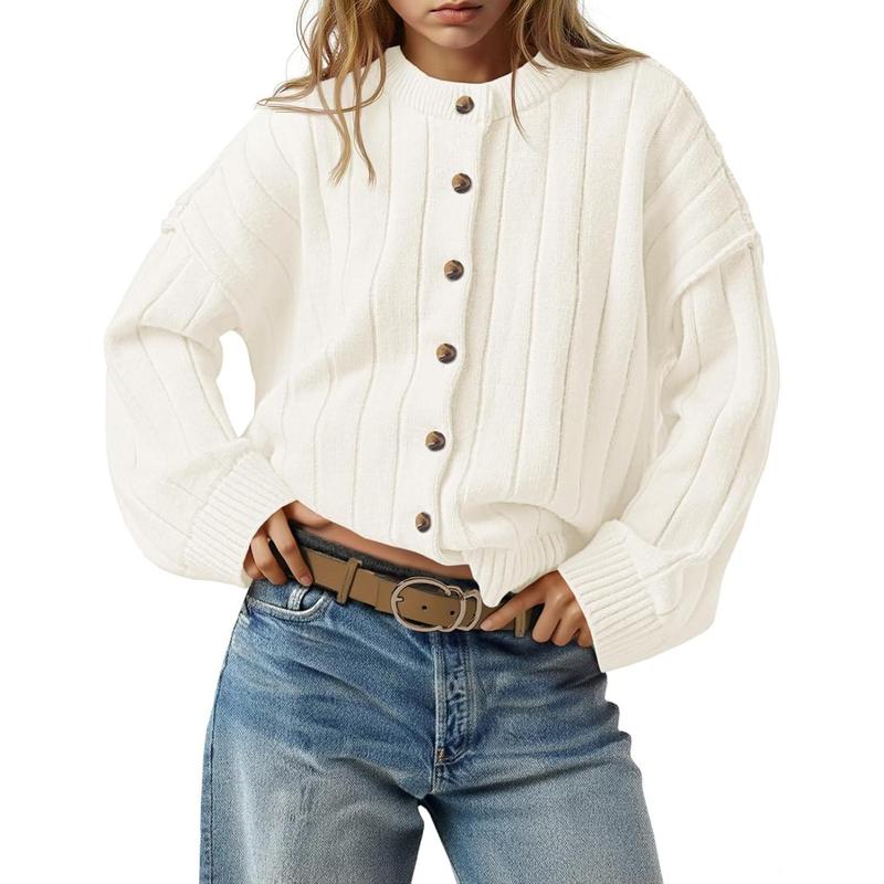 Womens Open Front Cardigan Sweaters Button Down Knit Long Sleeve Crewneck Casual Loose Fall Outerwear