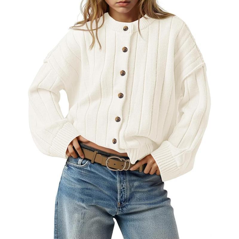 Womens Open Front Cardigan Sweaters Button Down Knit Long Sleeve Crewneck Casual Loose Fall Outerwear