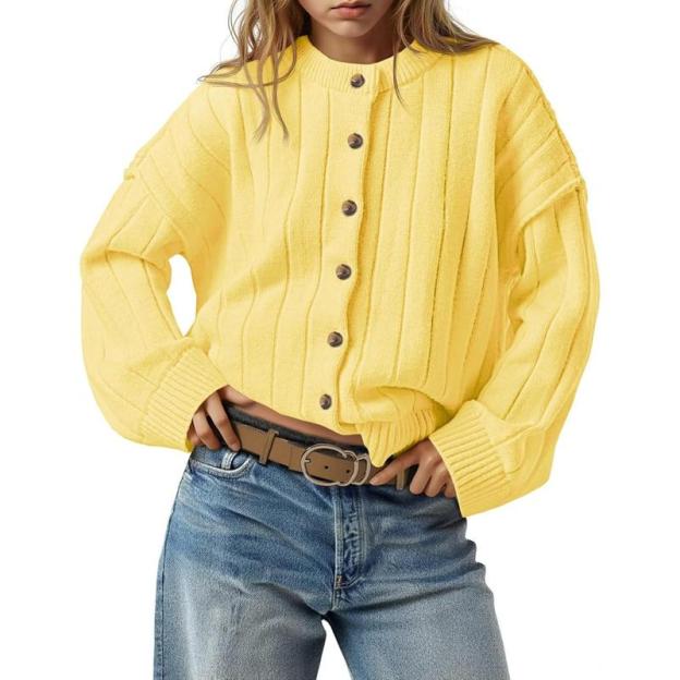 Womens Open Front Cardigan Sweaters Button Down Knit Long Sleeve Crewneck Casual Loose Fall Outerwear