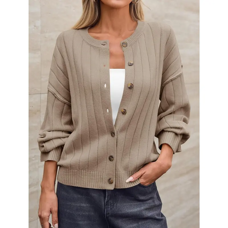 Womens Open Front Cardigan Sweaters Button Down Knit Long Sleeve Crewneck Casual Loose Fall Outerwear