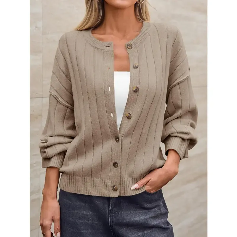 Womens Open Front Cardigan Sweaters Button Down Knit Long Sleeve Crewneck Casual Loose Fall Outerwear