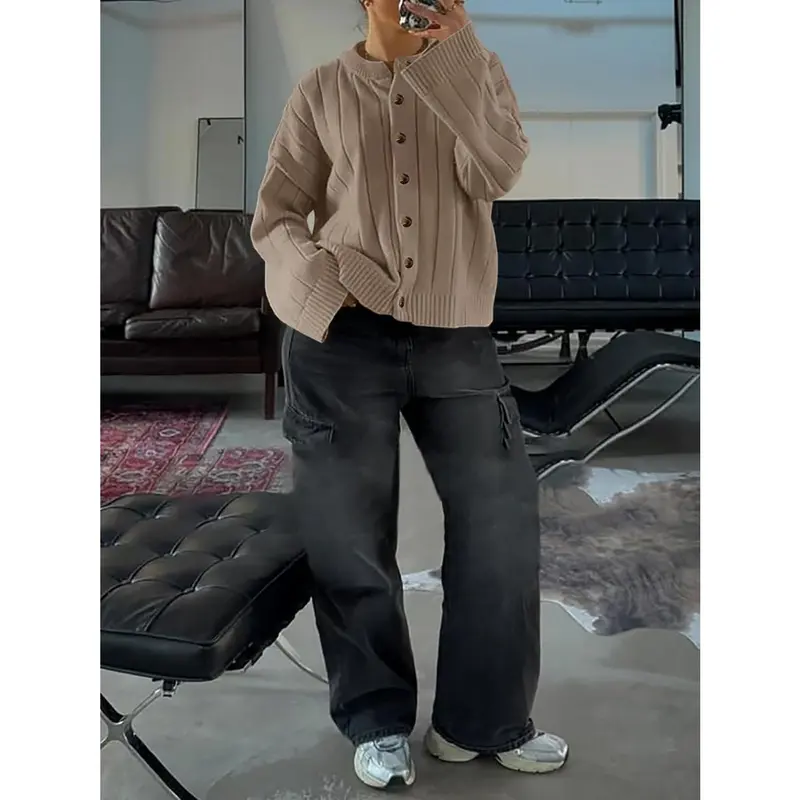 Womens Open Front Cardigan Sweaters Button Down Knit Long Sleeve Crewneck Casual Loose Fall Outerwear