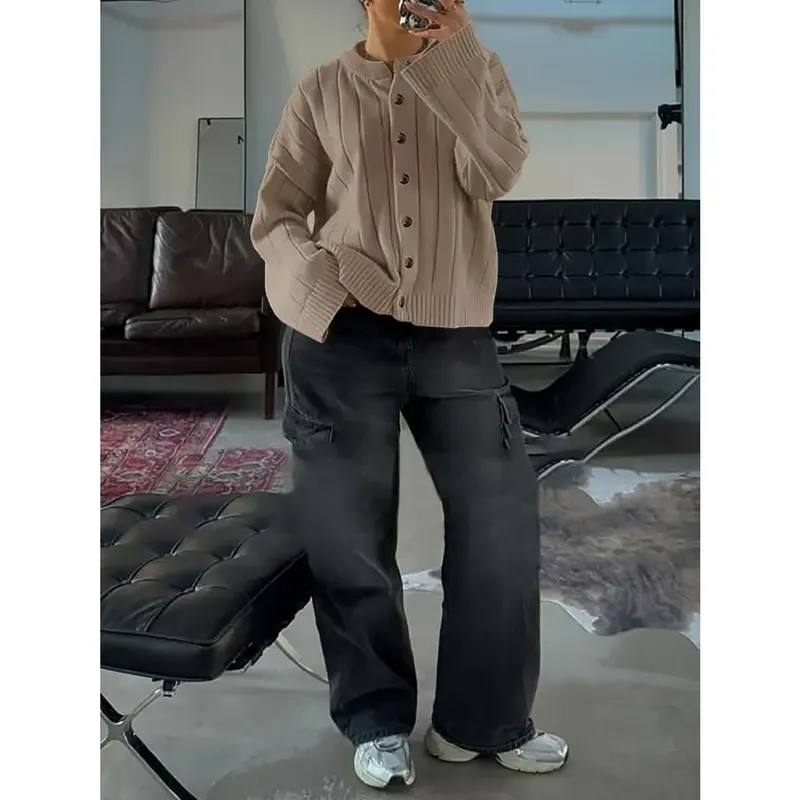 Womens Open Front Cardigan Sweaters Button Down Knit Long Sleeve Crewneck Casual Loose Fall Outerwear