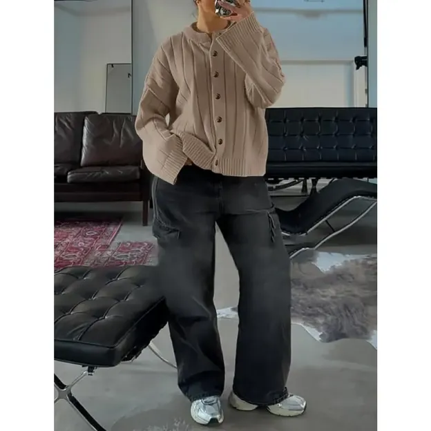 Womens Open Front Cardigan Sweaters Button Down Knit Long Sleeve Crewneck Casual Loose Fall Outerwear