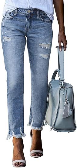 Women's high-waisted elastic ripped slim straight-leg nine-point jeans