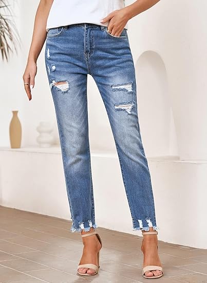 Women's high-waisted elastic ripped slim straight-leg nine-point jeans