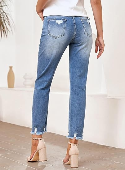 Women's high-waisted elastic ripped slim straight-leg nine-point jeans