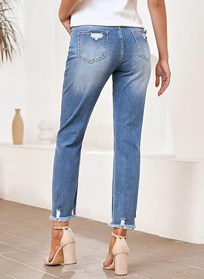 Women's high-waisted elastic ripped slim straight-leg nine-point jeans